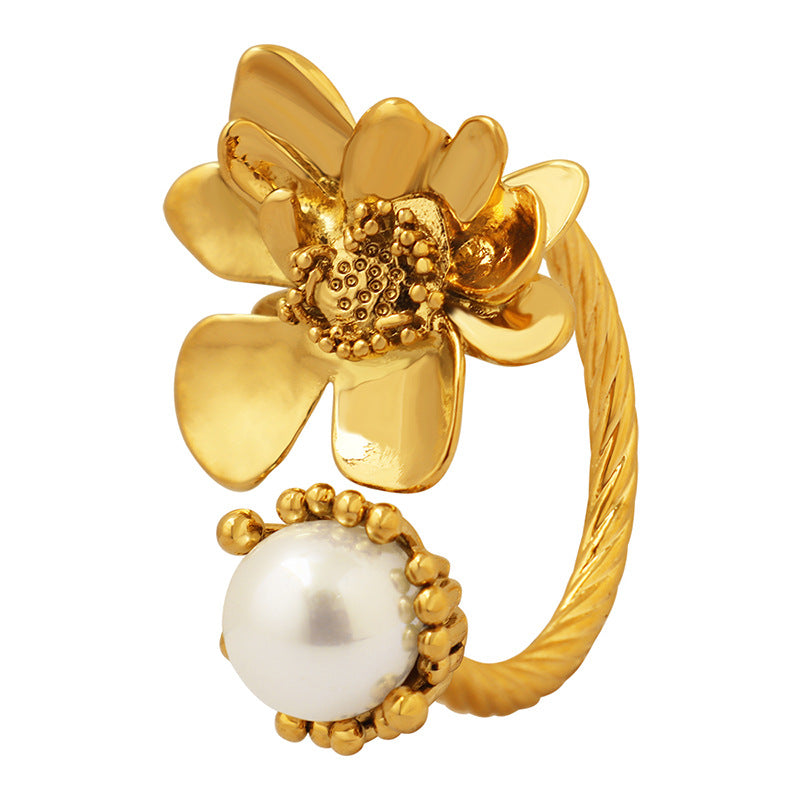 French Retro Flower Brass Ring For Women