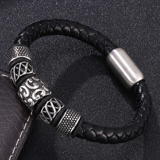 Genuine Leather Woven Stainless Steel Bracelet
