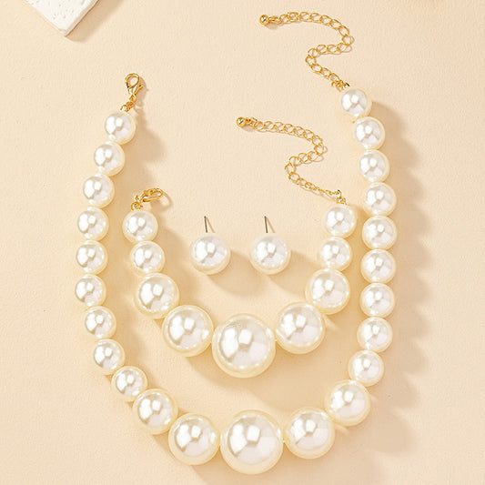 French Retro Fresh Water Pearl Earrings Bracelet And Necklace Set