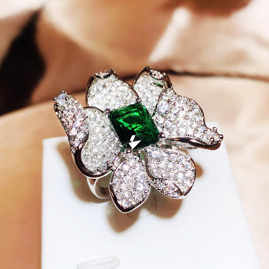 Special-interest Design Petal Flower Full Diamond Ring Opening
