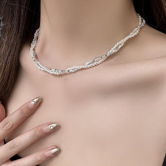 Women's Double-layer Pearl And Silver Necklace Simple Bracelet