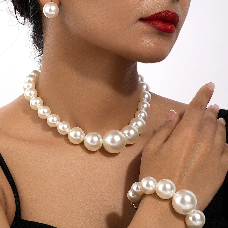 French Retro Fresh Water Pearl Earrings Bracelet And Necklace Set